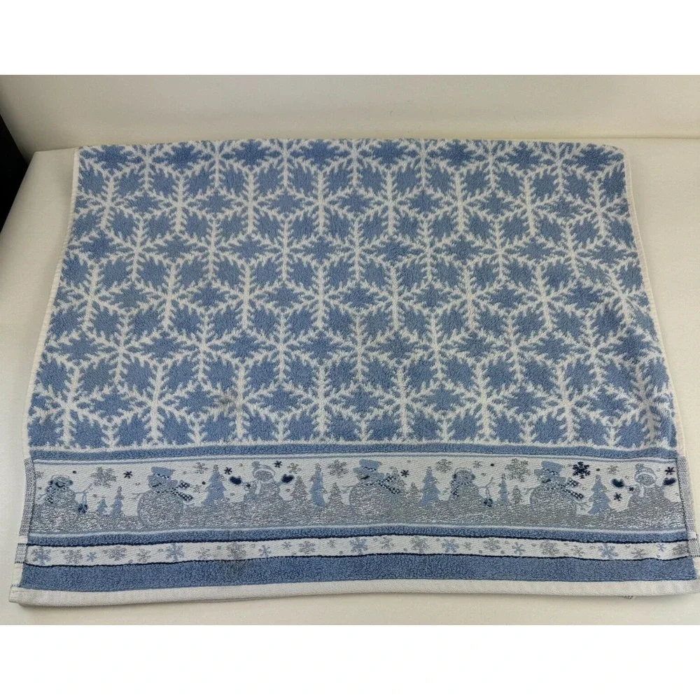 Vintage Bath Towel Cecil Sayday Set of 2 Snowman Snowflakes Blue white